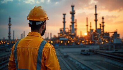 Industrial worker in yellow uniform observes large oil refinery at sunset. Worker in hard hat gazes at complex structure. Sunset highlights scale, tech of refinery. Oil industry scene. Modern
