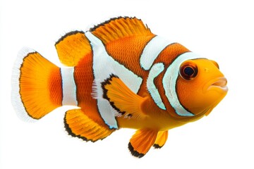 A vibrant orange clownfish swimming gracefully, showcasing its distinctive white stripes against a clean background.