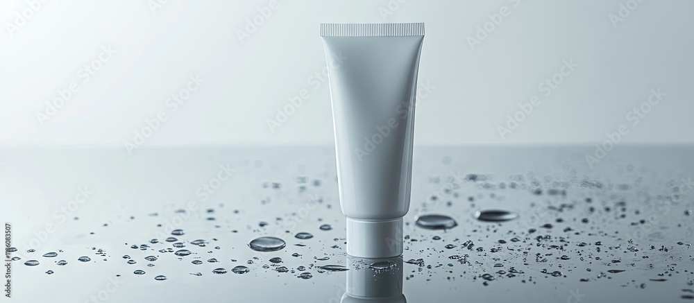 Poster Moisturizing cream in a tube sitting on glass with water droplets set against a grey background. with copy space image. Place for adding text or design