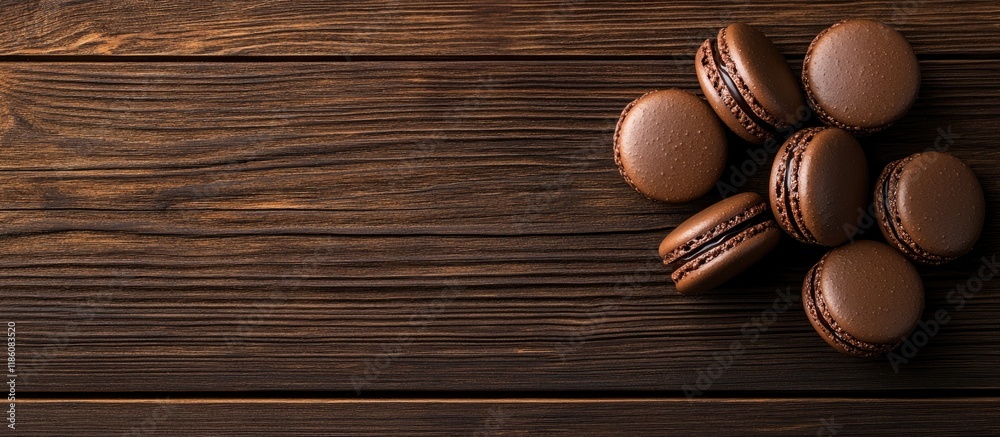Poster chocolate macaroons viewed from above set on a wooden surface copy space