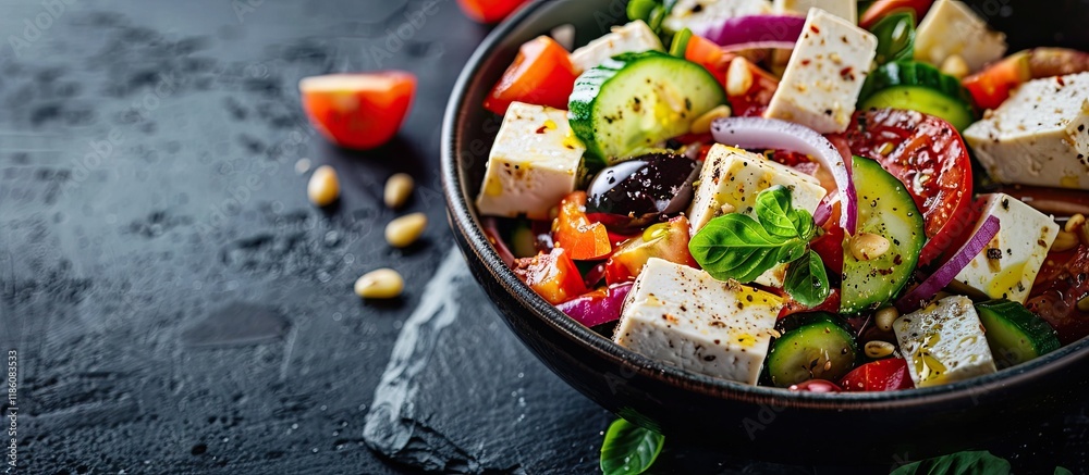 Fototapete Close up macro Plant based meal Vegan Greek salad featuring tofu and pine nuts Dark background. with copy space image. Place for adding text or design
