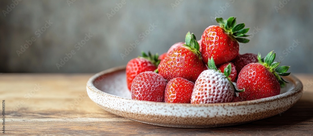 Aufkleber fresh red strawberries dusted with powdered sugar on a ceramic plate resting on a wooden tabletop wi
