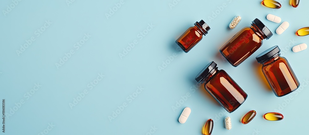 Poster Bottles and vitamin capsules on a light blue backdrop top view Room for text. with copy space image. Place for adding text or design