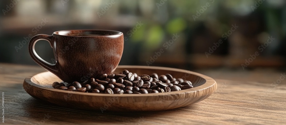 Poster empty cup with coffee beans on a wooden plate. with copy space image. place for adding text or desig