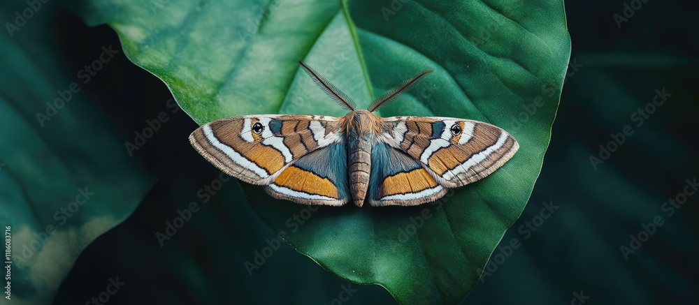 Leinwandbilder Paradrina clavipalpis moth on a green leaf outside with space for text. with copy space image. Place for adding text or design