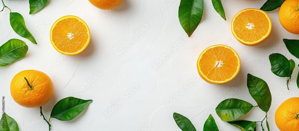 Aufkleber fresh juicy oranges accompanied by leaves on a white background. with copy space image. place for ad