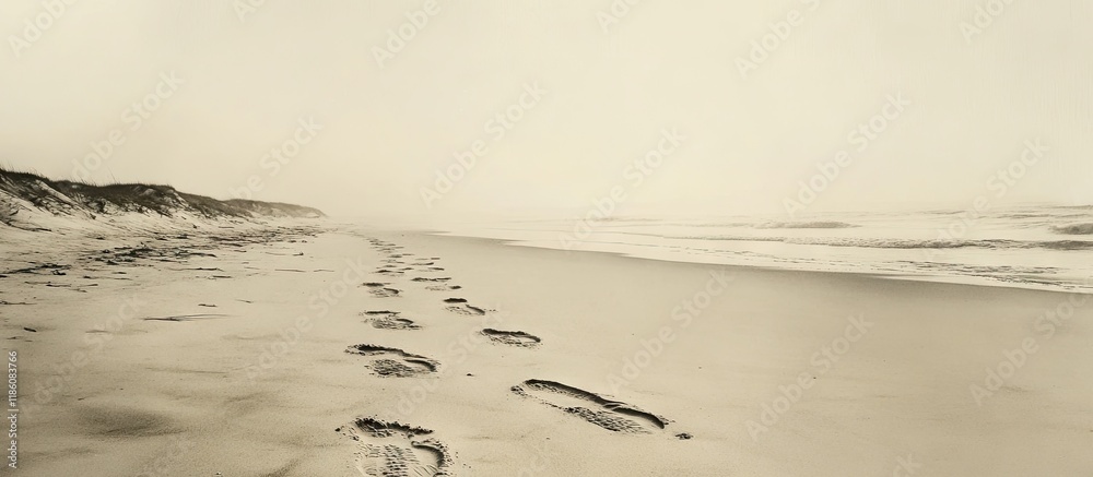 Poster View of hoof prints fading away in the distance on a beach. with copy space image. Place for adding text or design