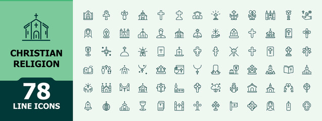 Christian Religion line icons set. Featuring jesus, signs, spirituality, ritual, christianity, catholic, christian and more. Simple and minimalist icon designs. Editable stroke.
