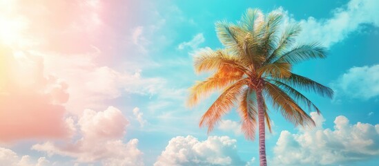 Summer at the beach featuring a palm tree against a blue sky with clouds including copy space Minimalist concept in pastel shades Blurred background