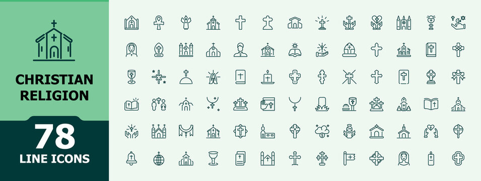 Christian Religion line icons set. Featuring jesus, signs, spirituality, ritual, christianity, catholic, christian and more. Simple and minimalist icon designs. Editable stroke.