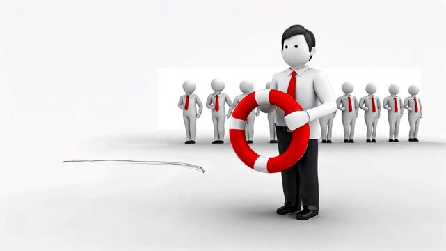 3D businessman holding a life preserver with a line of white figures behind him symbolizing Employee Provident Fund, EPF account support, employee benefits, and savings security