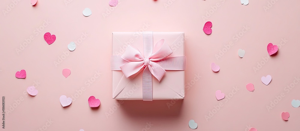 Poster gift with confetti bows and paper decorations concept theme for valentine s day or birthday party fl