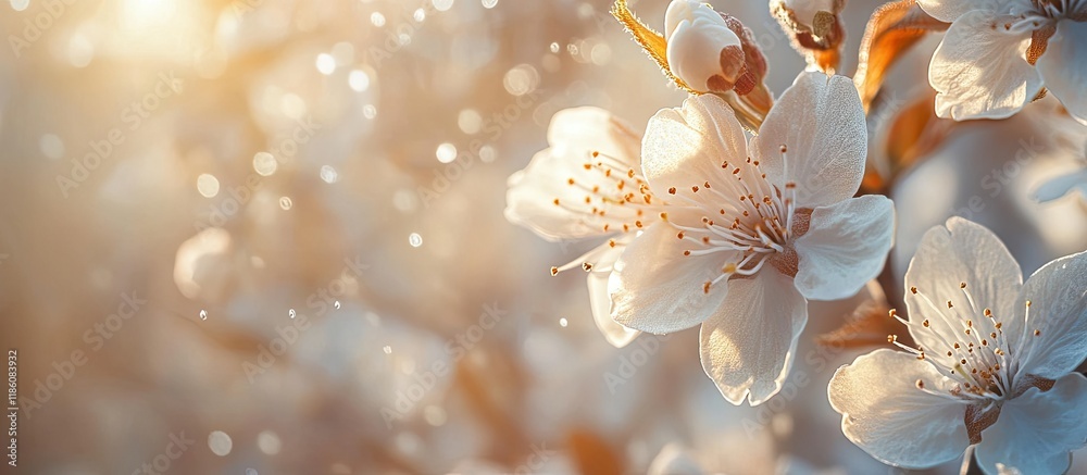 Poster white cherry spring flowers a toned image illuminated by sunlight. with copy space image. place for 