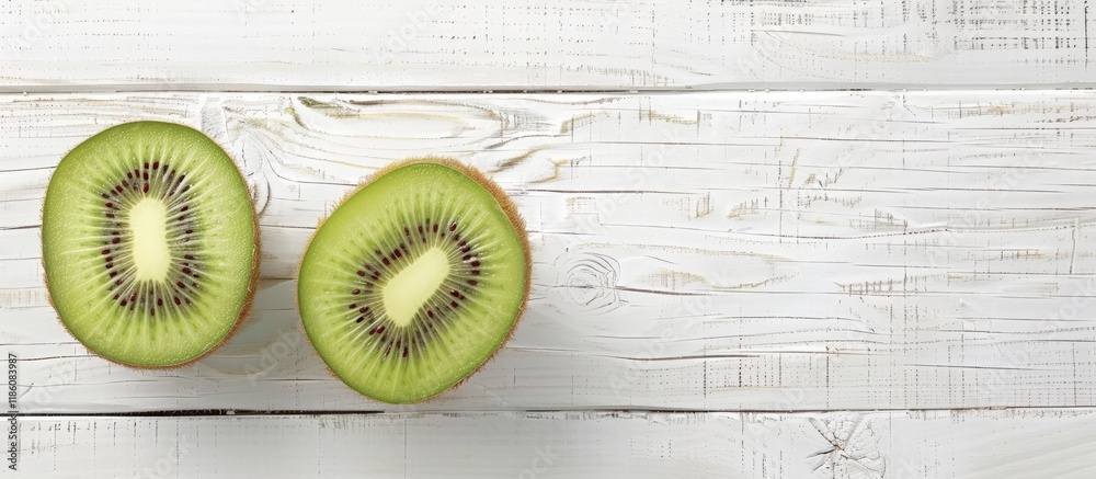 Leinwandbilder two halves of kiwifruit on a white wooden surface. with copy space image. place for adding text or d
