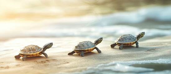 Small turtles migrate to avoid the arid basin. with copy space image. Place for adding text or design