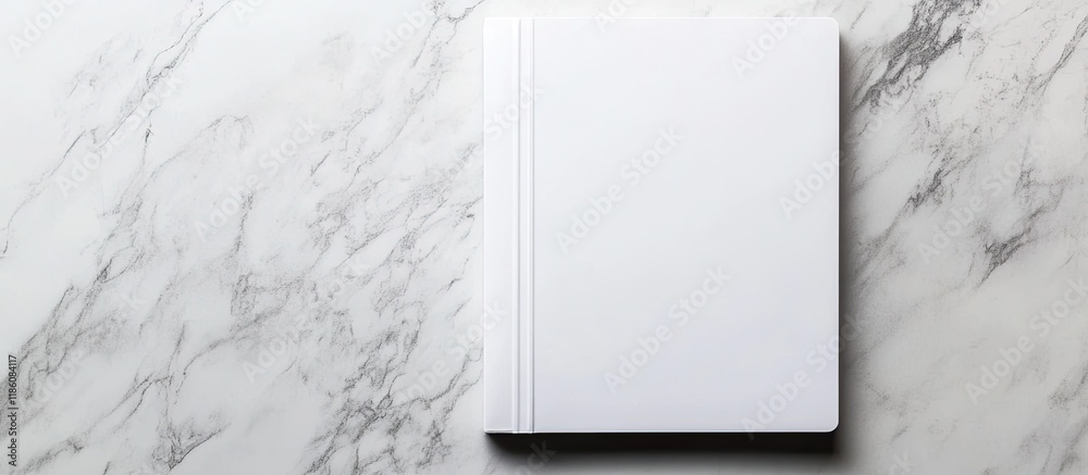 Poster Blank sketchbook on a marble background Flat lay top view of an office table. with copy space image. Place for adding text or design