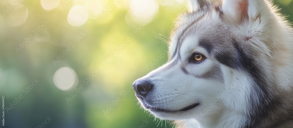 Aufkleber Close up portrait of a Siberian Husky with a white and gray coat and brown eyes set against a blurred green background. with copy space image. Place for adding text or design