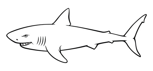 shark great white pointer cartoon outline side view vector isolated on transparent background