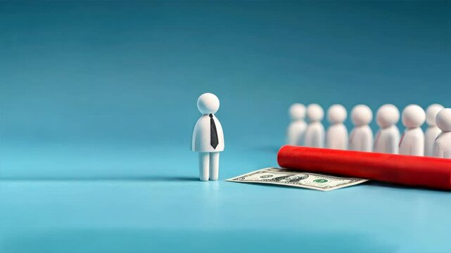 White wooden figurines standing in line on a blue background highlighting Employee Provident Fund, EPF account benefits, and employee savings opportunities