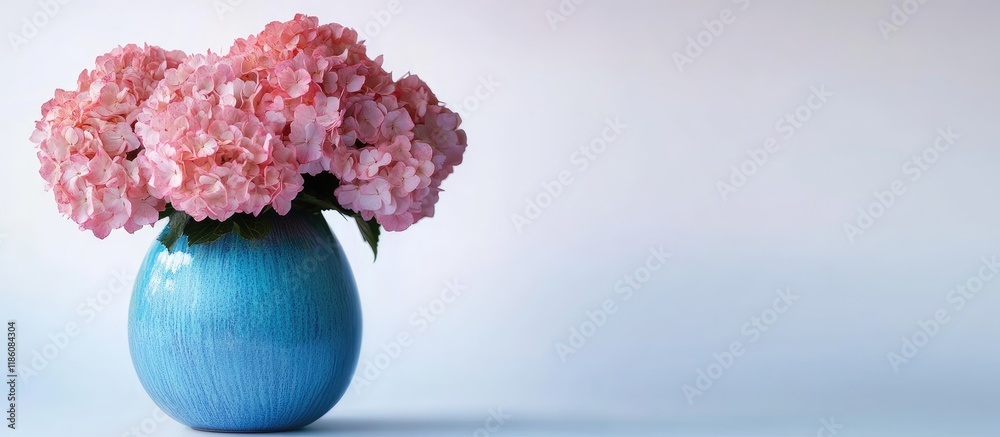 Leinwandbilder a close up of a bouquet of pink hydrangeas in a blue vase set against a white background. with copy 