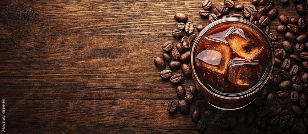 Leinwandbilder iced coffee with coffee beans on a wooden surface. with copy space image. place for adding text or d