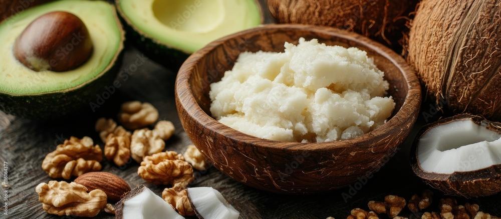 Leinwandbilder a close up shot of ketogenic foods coconut and coconut butter avocado walnuts and macadamia nuts. wi