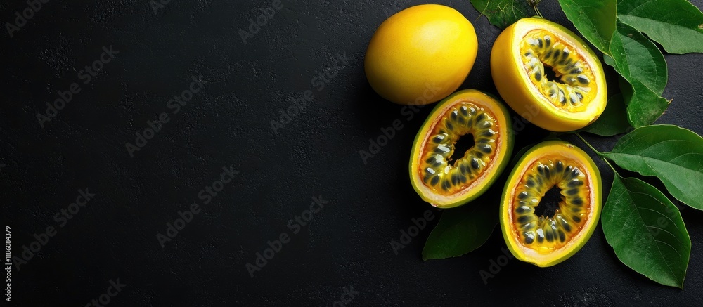 Aufkleber overhead view of yellow skinned passion fruits on a black background. with copy space image. place f