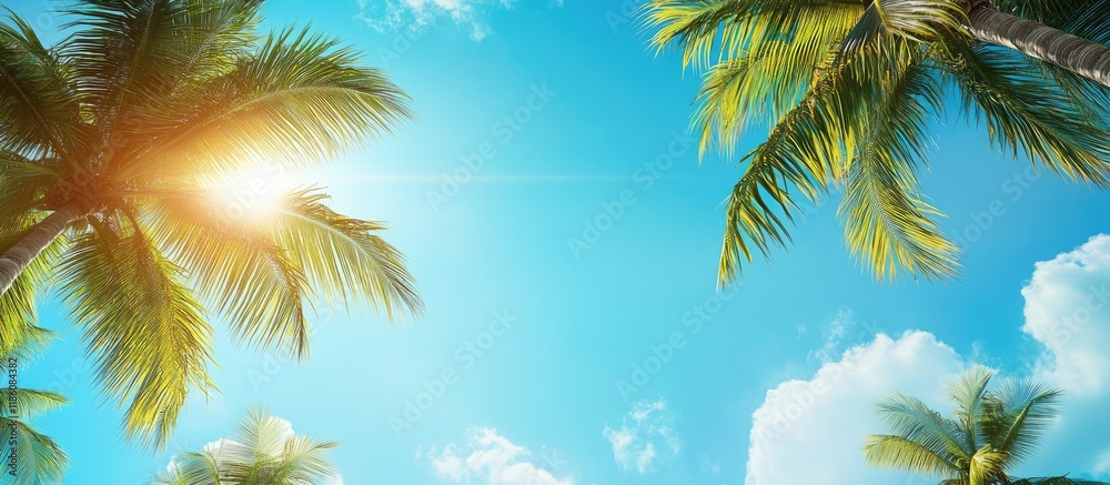 Wall mural palm trees against the blue sky with copy space for text