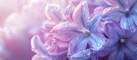 Fototapeta premium Fresh wet hyacinth flowers A super macro image of spring blooms featuring soft focus and a shallow depth of field A delicate and beautiful backdrop for posters greeting cards and wallpapers
