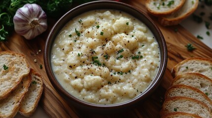 Top Down View of a Creamy Bowl of Soup with Fresh Herbs and Bread Slices on a Wooden Platter