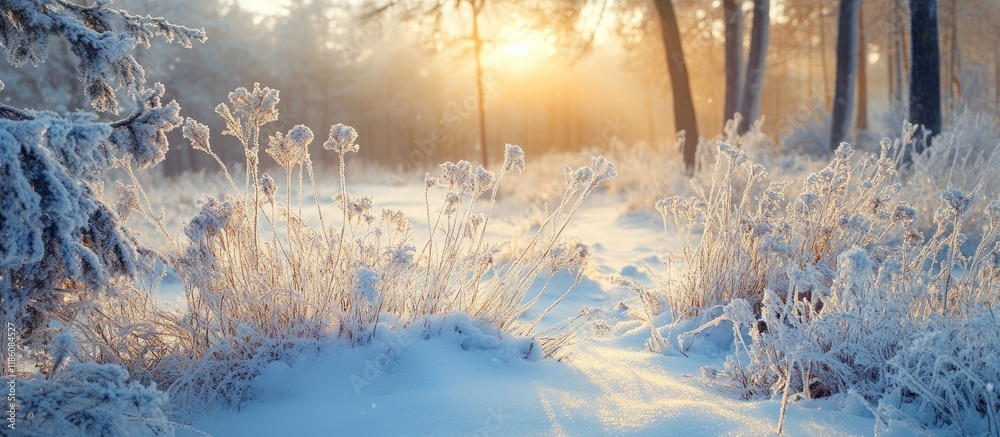 Leinwandbilder frosty grass covered in snow in a winter forest. with copy space image. place for adding text or des