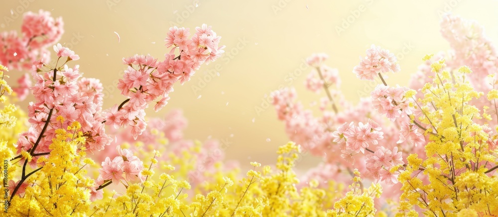 Poster cherry blossoms and rapeseed flowers kawazu zakura. with copy space image. place for adding text or 