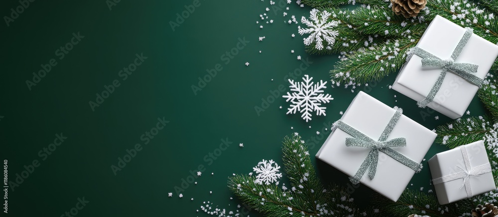 Aufkleber Christmas image featuring white gift boxes branches of a Xmas tree and white decorative snowflakes on a green background. with copy space image. Place for adding text or design