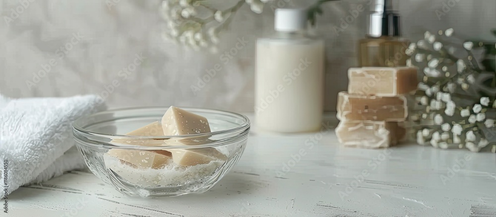 Poster soaps and cosmetic cream in a glass bowl on a white wooden table. with copy space image. place for a