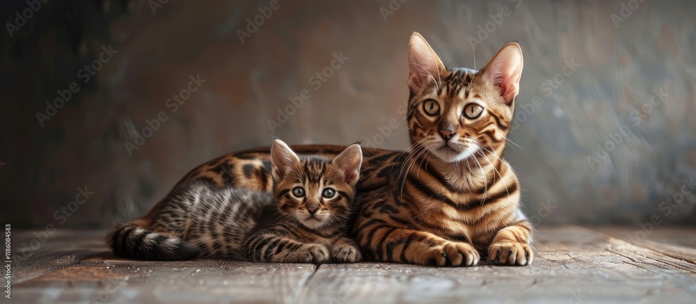 Poster A stunning portrait of a Bengal cat with its striped kittens resting on the floor. with copy space image. Place for adding text or design