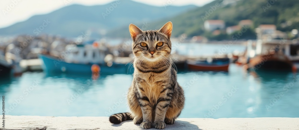 Aufkleber A cat at the harbor with the sea in the background. with copy space image. Place for adding text or design