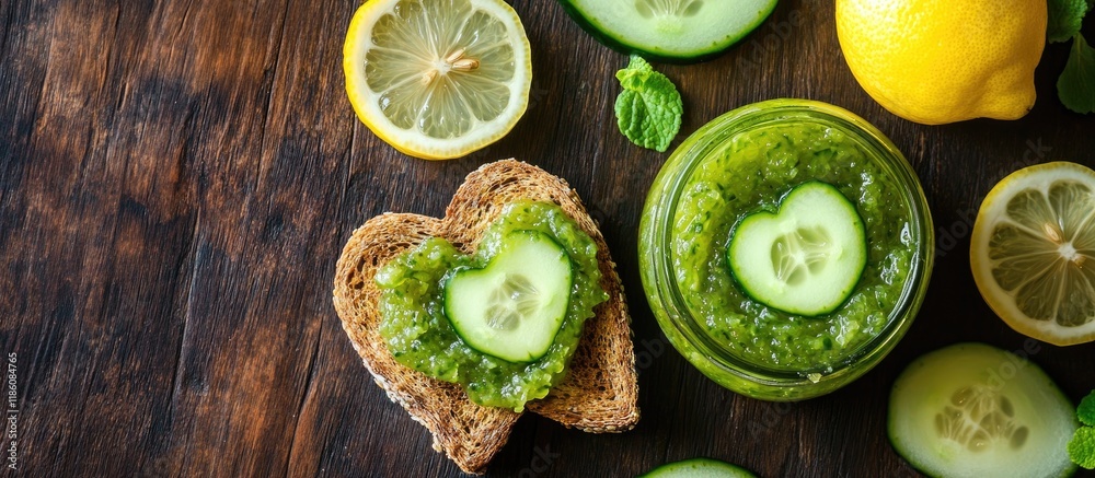 Poster homemade cucumber jam with lemon and heart shaped toast on a dark brown wooden surface copyspace top
