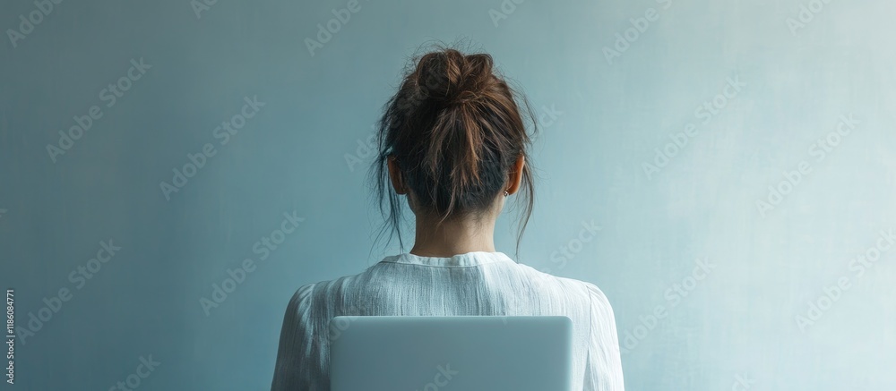 Poster unrecognized woman seen from the back looking at a laptop. with copy space image. place for adding t
