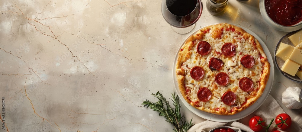 Fototapete homemade pizza is on a provence table viewed from above. with copy space image. place for adding tex