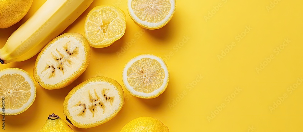 Fototapete top view of halved bananas and lemons isolated on yellow. with copy space image. place for adding te