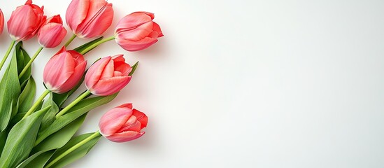 Vibrant pink salmon parrot tulips on a white background with copy space top view ideal for a celebration card decoration or wallpaper concept