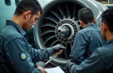 Aviation mechanics assemble airplane engine in workshop. Focused men in work clothes work meticulously on heavy parts. Turbine engine core of work. Detailed labor important for precision. Industrial