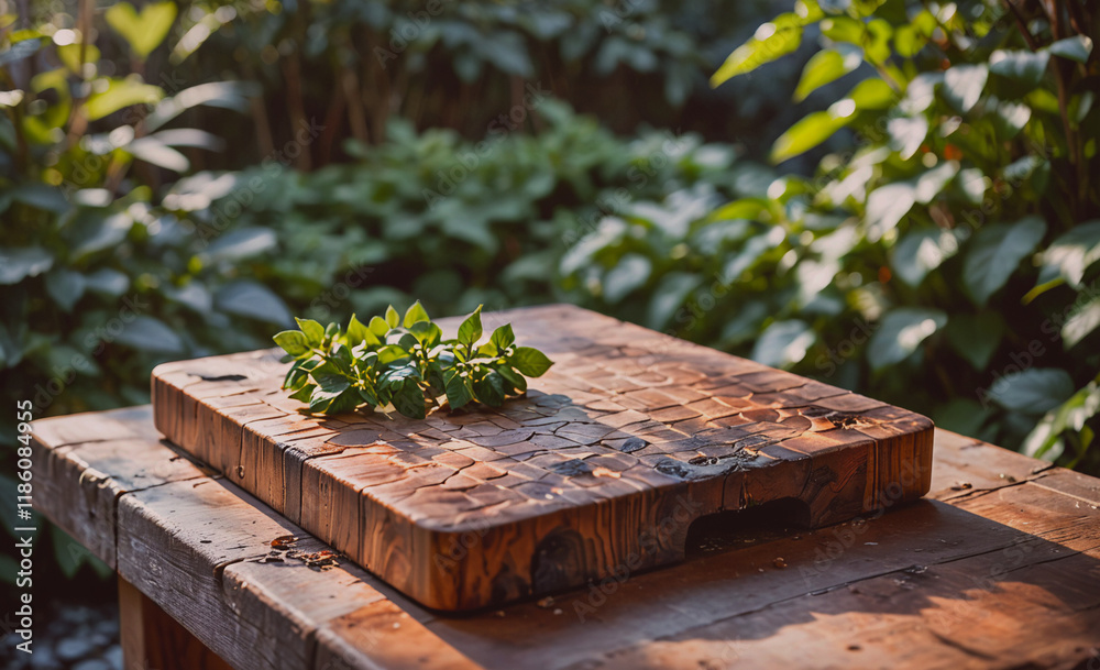 Aufkleber Wooden cutting board with a bunch of green leaves on top of it. The leaves are on the cutting board and not on the table