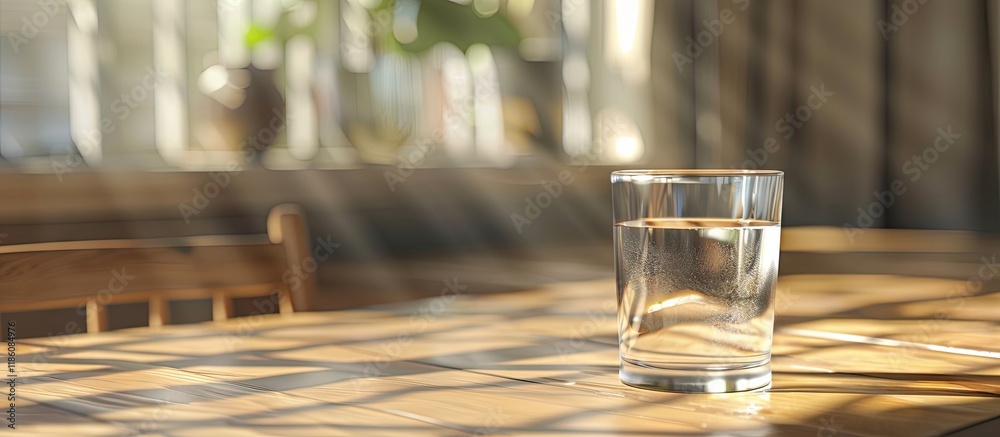 Poster A wooden table with sunlight and a glass of water. with copy space image. Place for adding text or design