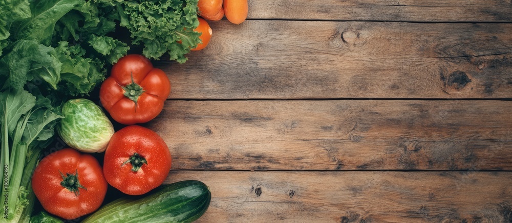 Poster fresh ripe vegetables arranged on a wooden table viewed from above space for text. with copy space i