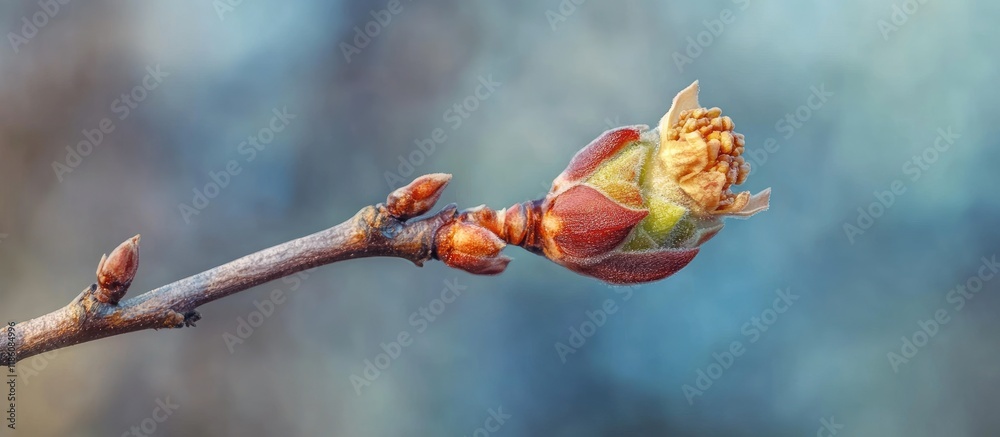 Poster winter bud of horse chestnut aesculus on a branch macro selective focus copyspace