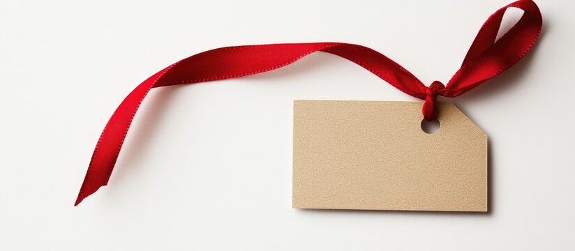 A blank gift or price tag attached with a red ribbon set against a white background. with copy space image. Place for adding text or design