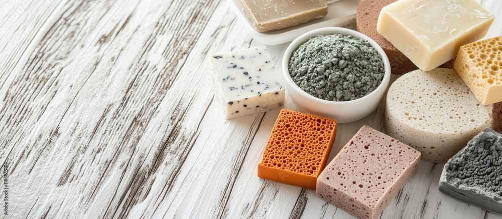 Poster Cosmetic clay soaps henna blocks sponge and moisturizer arranged on a white wooden table. with copy space image. Place for adding text or design