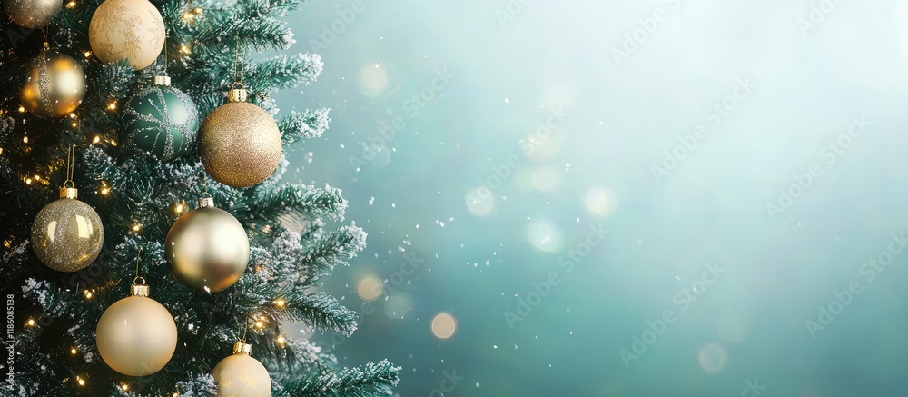Poster beautifully adorned christmas tree with ornaments. with copy space image. place for adding text or d