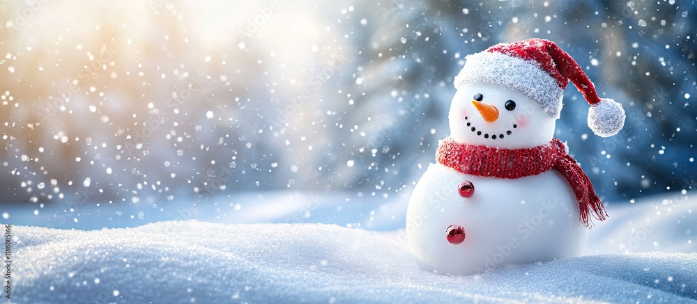 Poster white christmas snowman against a wintery snow backdrop christmas ornamentation. with copy space ima